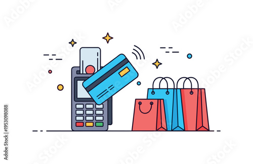 Digital payment at checkout contactless card hovering near a payment terminal beside stacked shopping bags. A modern concept badge about convenience and