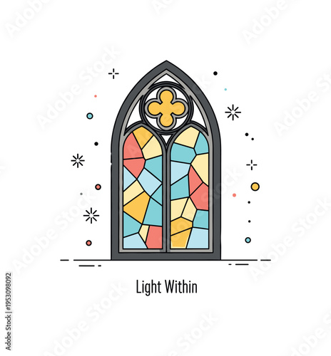 Historic church window bathed in luminous sunlight with simplified mosaic shapes forming a harmonious pattern. A small ?Light Within? phrase enhances the