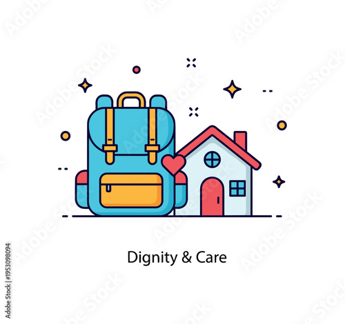 Climate refugee assistance concept illustrated by a simple backpack icon beside a temporary housing symbol with a small heart accent. A subtle ?Dignity & Care?