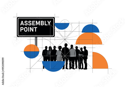 Black and white assembly point sign with grouped silhouettes beneath it, structured grid overlays and semicircles reinforcing organization and safety, flat