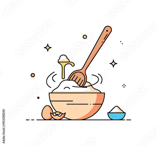 Baking preparation wooden spoon stirring flour, eggs, and sugar in a single round bowl with small motion lines suggesting gentle rotation. A warm editorial