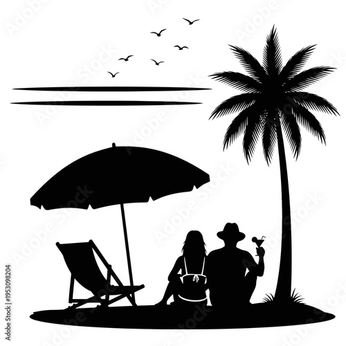 Silhouetted beach scene with palm tree, umbrella, and vacationers enjoying sunset.