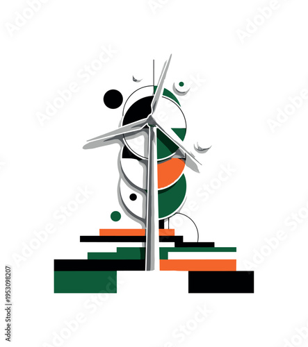 A black and white realistic wind turbine centered vertically, blades intersecting with bold geometric circles and semicircles suggesting motion, flat abstract
