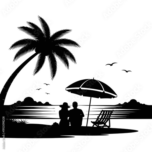 Couple Relaxing on a Quiet Beach with Palm Trees, Umbrella, and Seaside Chairs at Distant Horizon.