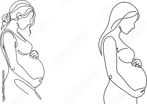 Continuous line drawing of pregnant woman holding belly, minimalist pregnancy line art illustration