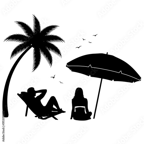 Sunlit Beach Silhouette with Palm Tree, Umbrella and Relaxing Vacationers.