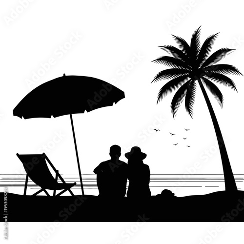 Silhouetted couple relaxing on a sunny beach with palm trees, umbrella, and lounge chairs at sunset.