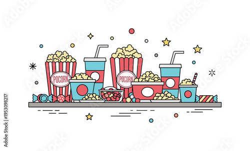 A snack table filled with popcorn, candy, and drinks for a family movie marathon, reflecting excitement and indulgence in shared entertainment. Minimalist flat