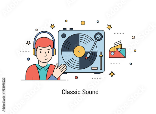 Vinyl record enthusiast scene centered on a turntable with a figure gently placing the needle. Clean geometric layout and a subtle ?Classic Sound? caption