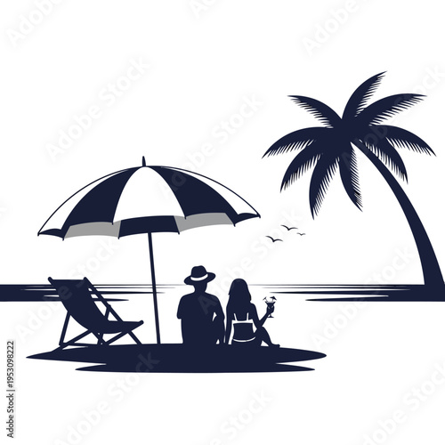 Relaxing beach scene with family under an umbrella on a tropical shore.