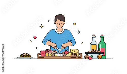 Restaurant-style home cooking with a person arranging a charcuterie board with cheeses, fruits, and nuts on a wooden tray, conveying style, taste,