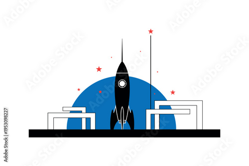 Black and white retro rocket standing vertically on a minimalist launch pad, bold blue semicircle behind like planetary horizon, thin vertical trajectory line