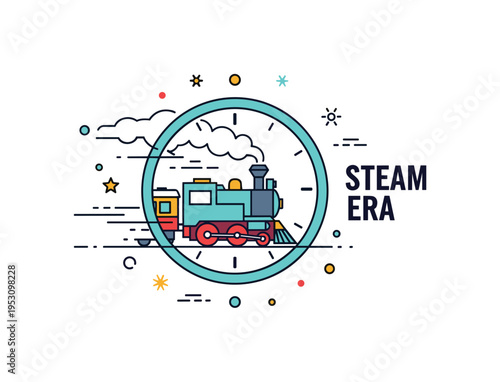 Antique train time travel theme centered on a steam locomotive emerging from a circular clock frame. Subtle smoke lines and a ?Steam Era? text accent highlight