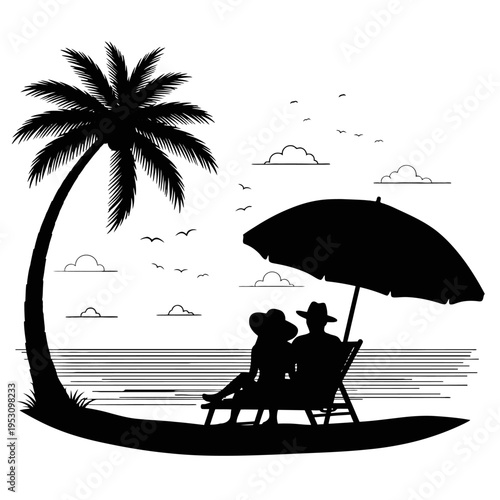 Silhouetted couple relaxing on a tropical beach beneath a large umbrella beside a palm tree and calm sea at sunset.