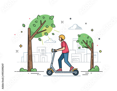 A person riding a scooter in a tree-lined neighborhood with sunlight filtering through leaves, emphasizing leisure, movement, and outdoor enjoyment. Minimalist