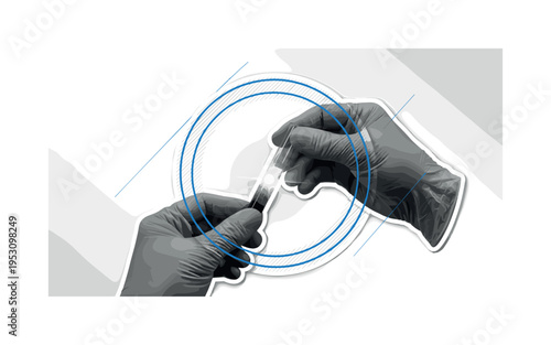 Monochrome gloved hands holding a test tube with visible liquid, layered with blue circular frame and fine diagonal lines suggesting analysis and