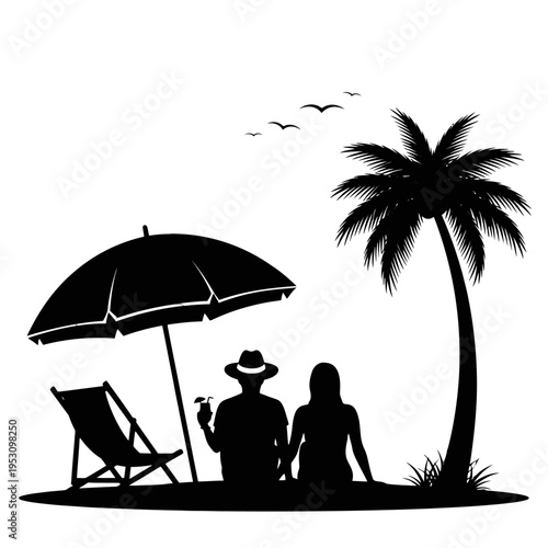 Silhouetted figures and sunlit beach scene with palm trees and umbrella silhouettes on a tranquil coast.