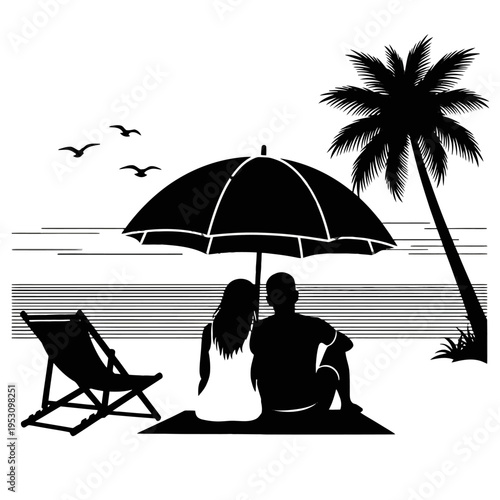 Silhouetted Couple Under Umbrella on Quiet Beach at Palm Tree Shore.
