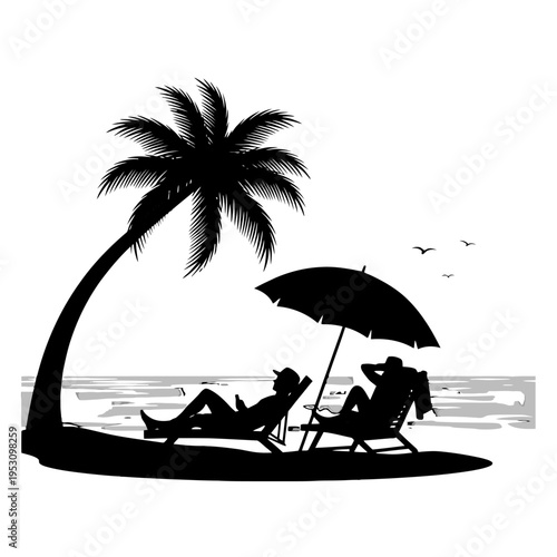 Relaxing beach scene with palm trees, a shaded umbrella, and sun loungers by the sea with distant birds and gentle waves at the horizon.