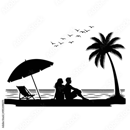 Romantic silhouettes of a couple relaxing on a tranquil beach with a palm tree and sunlit sea.