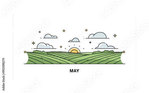 May countryside sunset rolling green fields beneath a wide glowing sky with subtle curved cloud shapes catching light. A clean visual metaphor for openness,