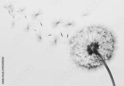Dandelion head shedding seeds, its delicate parachutes carried by a light breeze