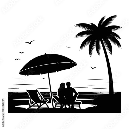 Silhouetted couple relaxing on a tropical beach under an umbrella with palm trees.