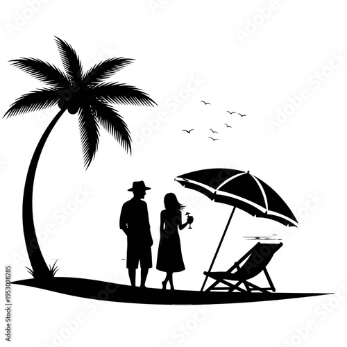 Silhouetted Couple Enjoying Beachside Outdoor Romance at a Palm-Shaded Destination.