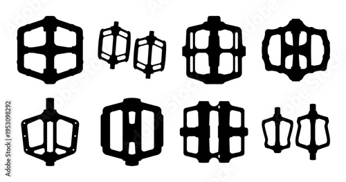 Black Silhouette Set of Various Modern Bike Pedals on a White Background