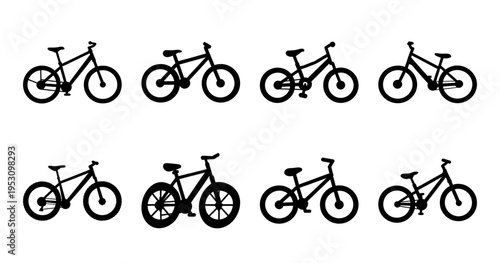 Various Bicycle Silhouettes Arranged in Two Rows on a White Background