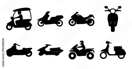 Black Silhouette Assortment of Motorbikes and Scooters on a White Background