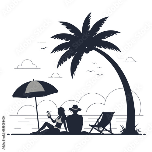 Relaxing Beach Scene with Palm Tree, Umbrella and People Enjoying a Calm Coastal Moment.