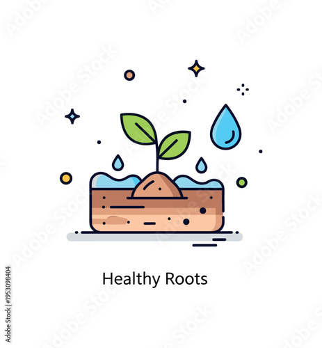 Soil moisture monitoring theme represented by a compact plant sprout growing from damp earth with a small droplet icon nearby. A subtle ?Healthy Roots? caption
