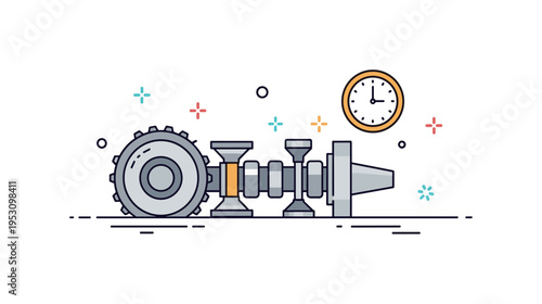 Engine timing system camshaft and valves aligned with small clock icon suggesting precise synchronization. A compact concept illustration about coordination