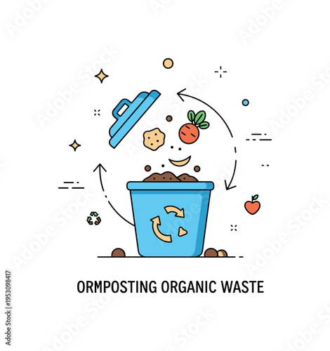 Composting organic waste small compost bin with vegetable scraps transforming into rich soil, subtle circular arrows suggesting natural recycling. A modern