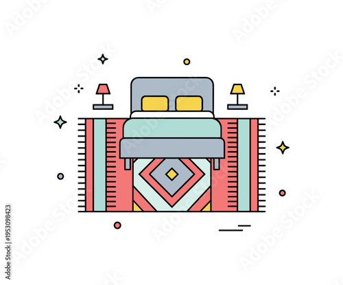 Bedroom layout styling theme illustrated by a simple bed silhouette positioned over a patterned rug with visible borders on both sides, expressing proportion