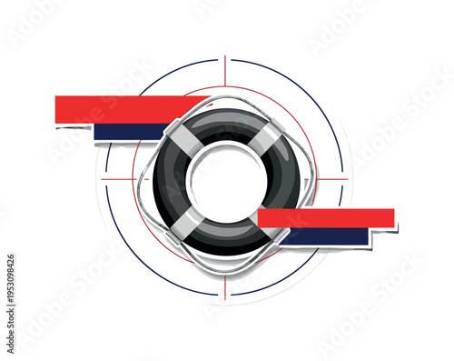 A monochrome lifebuoy floating centrally, realistic cut-out object surrounded by concentric geometric circles symbolizing safety zones, flat rectangular