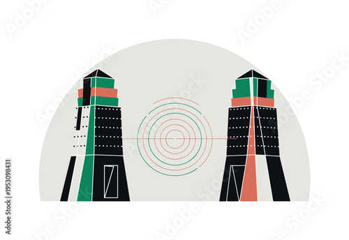 Black and white twin detectors illustrated as geometric towers, circular gravitational wave ripples expanding between them, symmetrical balanced layout with