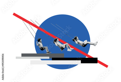 Conceptual collage featuring three black-and-white children on swings arranged in rhythmic sequence, large cobalt circular backdrop unifying composition, red