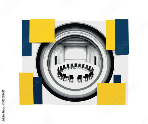 Black and white interior hall with chairs arranged in a circle for a meeting, concentric circular shapes reinforcing inclusivity, flat yellow and navy blue