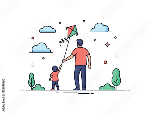 Father and son activity father and child silhouettes flying a kite together in an open park with soft cloud accents above. A warm editorial scene expressing