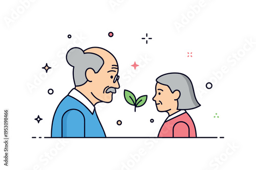 Intergenerational connection elder and child silhouettes facing each other with a small leaf motif between them. A symbolic editorial illustration about