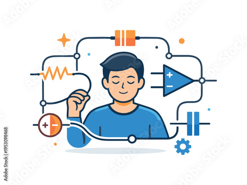 Electrical engineer circuit diagram centered on a calm character connecting symbols like resistors and capacitors with flowing lines, conveying structured