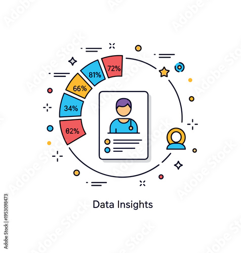 Health analytics platform design centered on a circular dashboard with segmented metrics customized to a profile icon. A compact ?Data Insights? caption