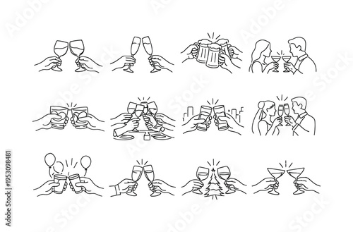 People Clinking Glasses. Minimalistic set one-line drawing two people toasting wine glasses, friends clinking champagne flutes, group cheers with beer mugs,