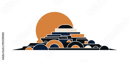 A monochrome burial-style earth mound simplified into layered abstract blocks and semicircles, large flat circle behind like a symbolic sun or moon, structured