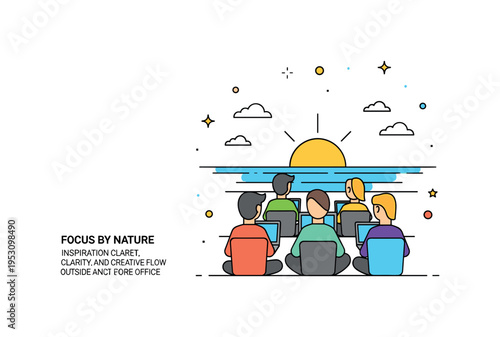 Remote work retreat atmosphere featuring a small group seated with laptops facing a minimal ocean horizon and rising sun. A short ?Focus by Nature? text detail