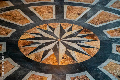 fragment decorative compass points with north, south, east, and west on the cement ground