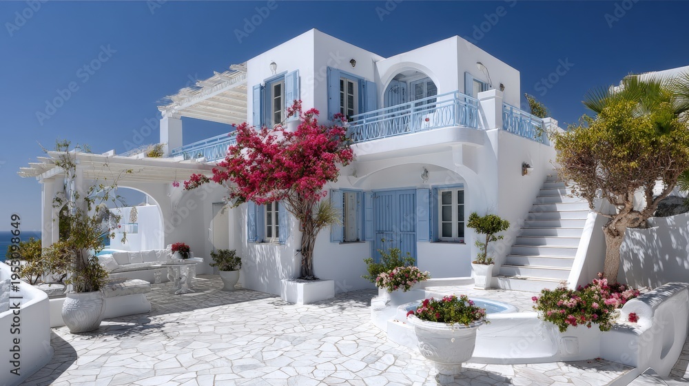 Naklejka premium White Mediterranean villa with blue shutters, bougainvillea, and sea view under clear blue sky, featuring sunny terrace, stairs, and potted flowers.