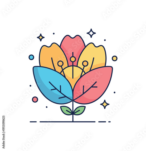 Colorful petals forming a protective layer around the flower's reproductive organs with small leaves and abstract decorative dots, emphasizing their